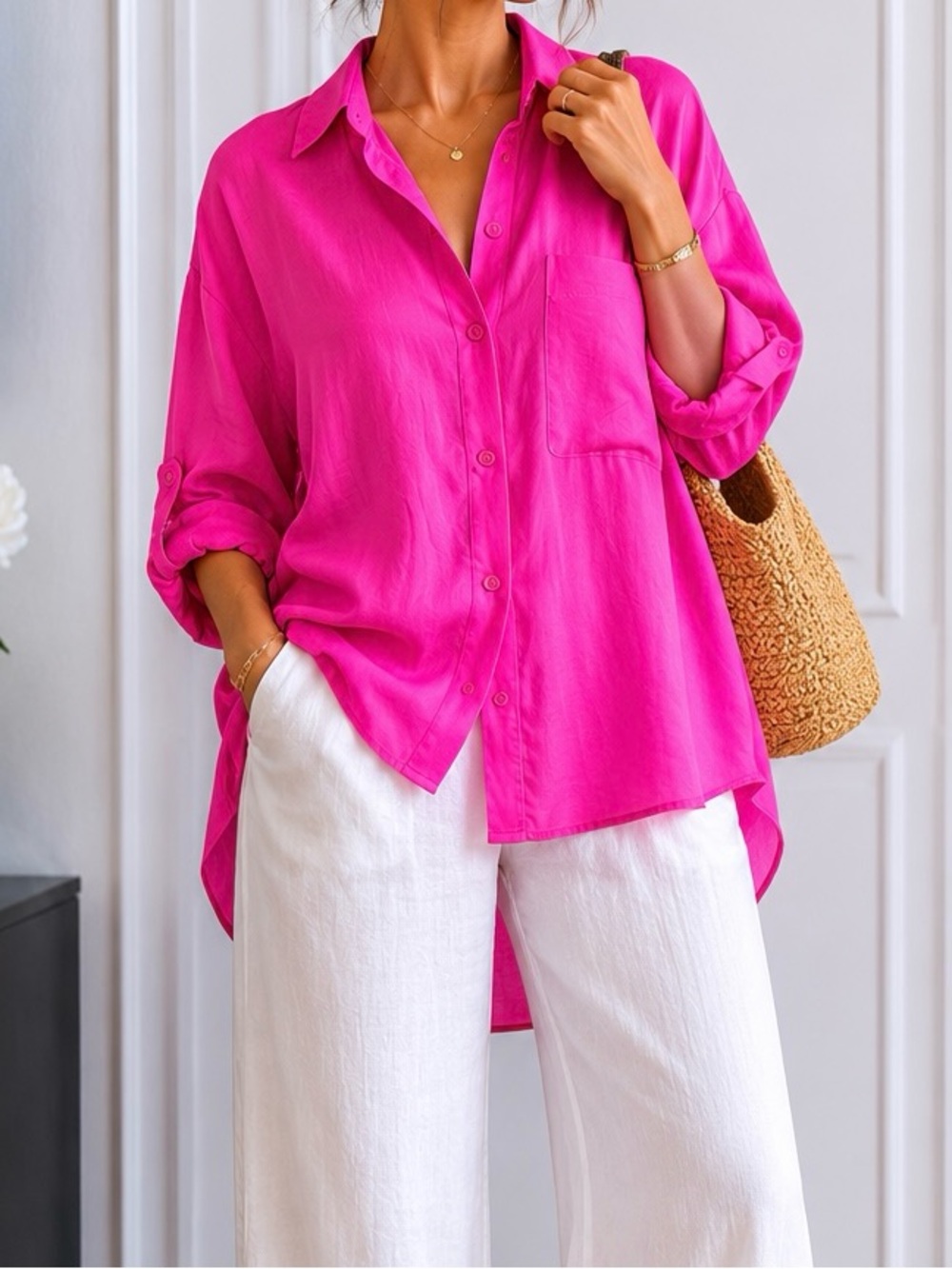 Barbie Pink Oversized Linen Blend Button Down Shirt Size S